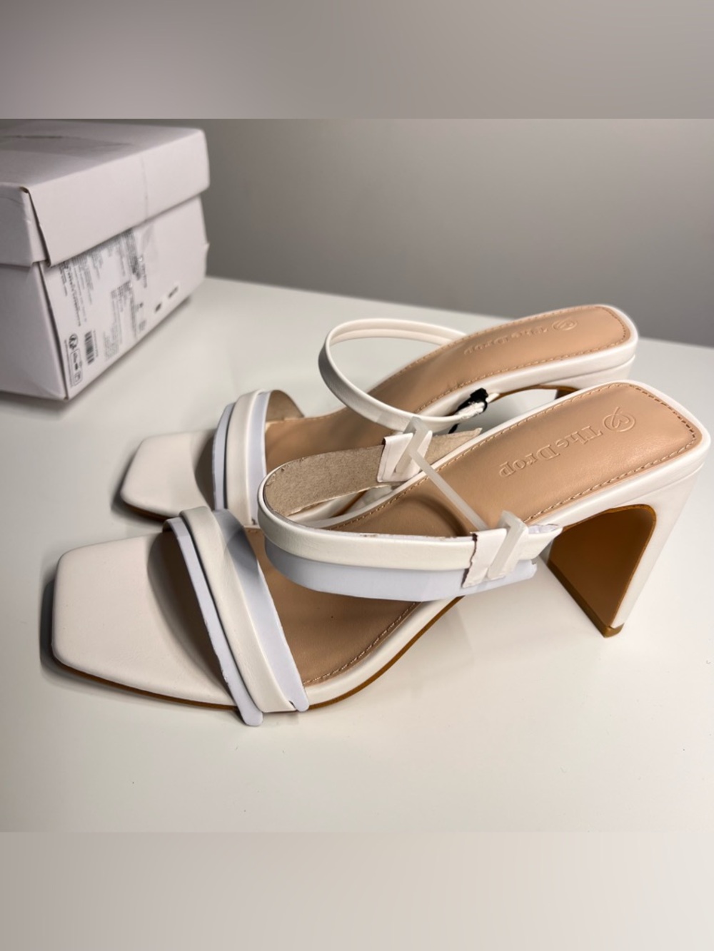 The Drop Avery Square Toe Two Strap High Heeled Sandal White Size 8 NIB